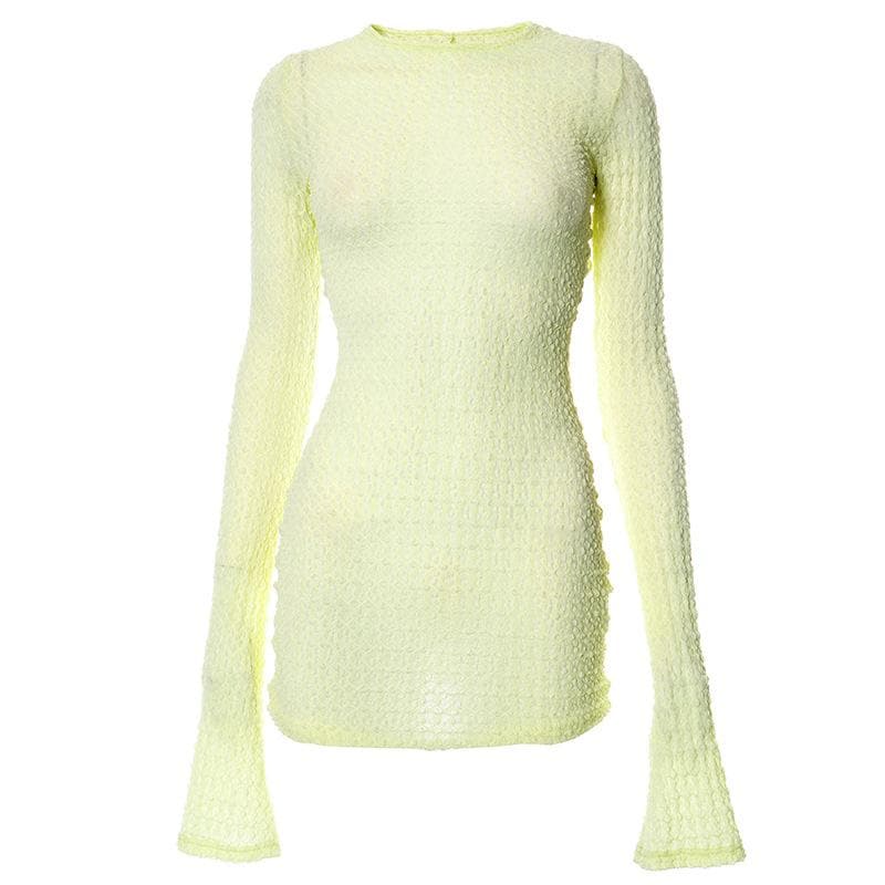 Crew Neck Honeycomb Lattice Knit Bell Cuff Bodycon Mini Dress