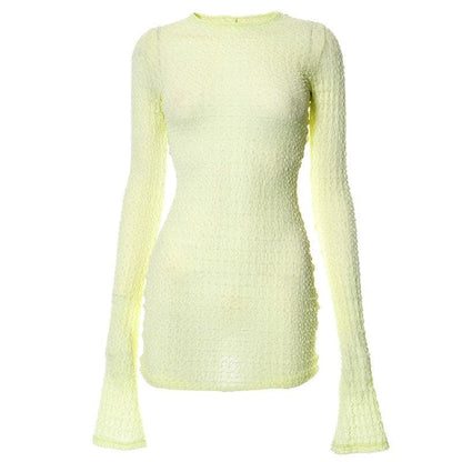 Crew Neck Honeycomb Lattice Knit Bell Cuff Bodycon Mini Dress