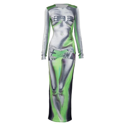 Crew Neck Long Sleeve Body Print Harness Belt Illusion Maxi Dress