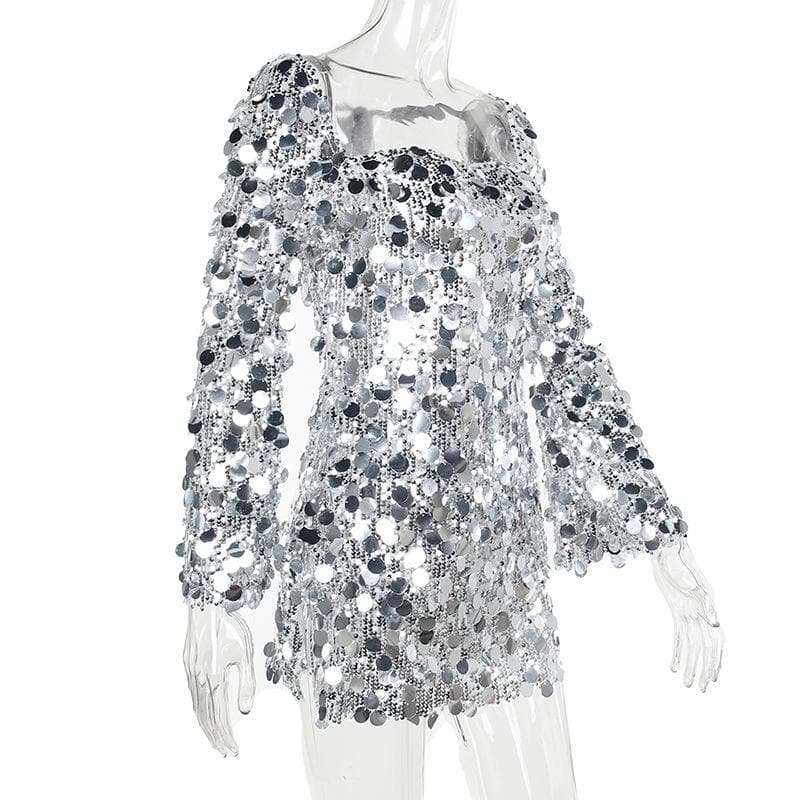 Large Sequin Paillette Square Neck Long Sleeve Mini Dress