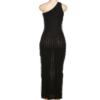 One Shoulder Vertical Ruffle Lettuce Edge Sheer Bodycon Dress
