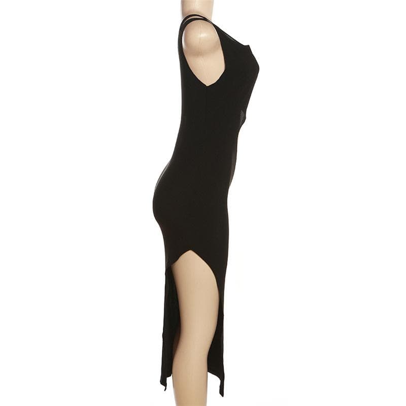 Crew Neck Hollow Out Side Cutout Irregular Slit Ribbed Midi Dress