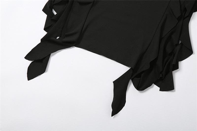 Strapless Ruched Double Slit Ruffle Hem Midi Dress