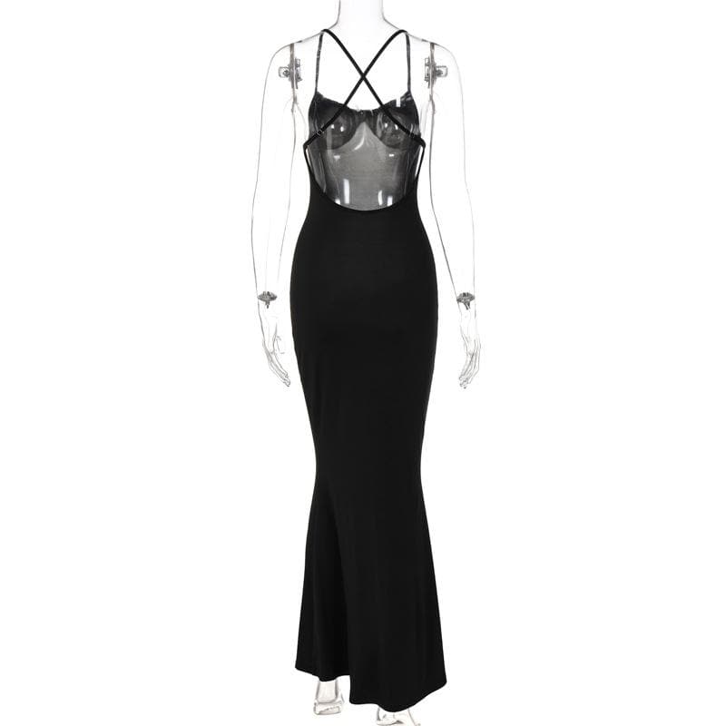 Cross Back Spaghetti Strap Cowl Back Satin Maxi Dress
