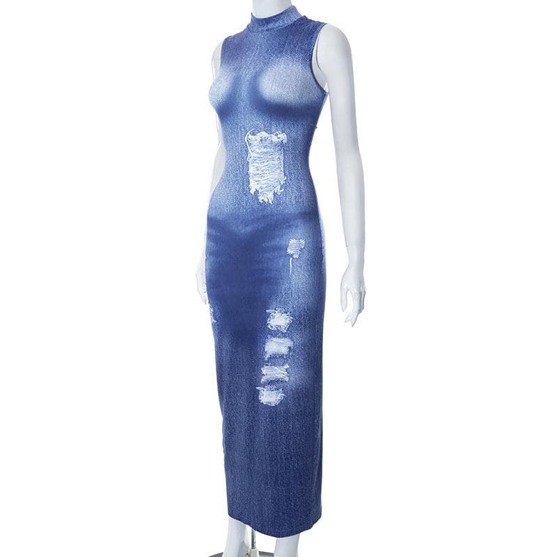 Mock Neck Distressed Faux Denim Print Bodycon Maxi Dress