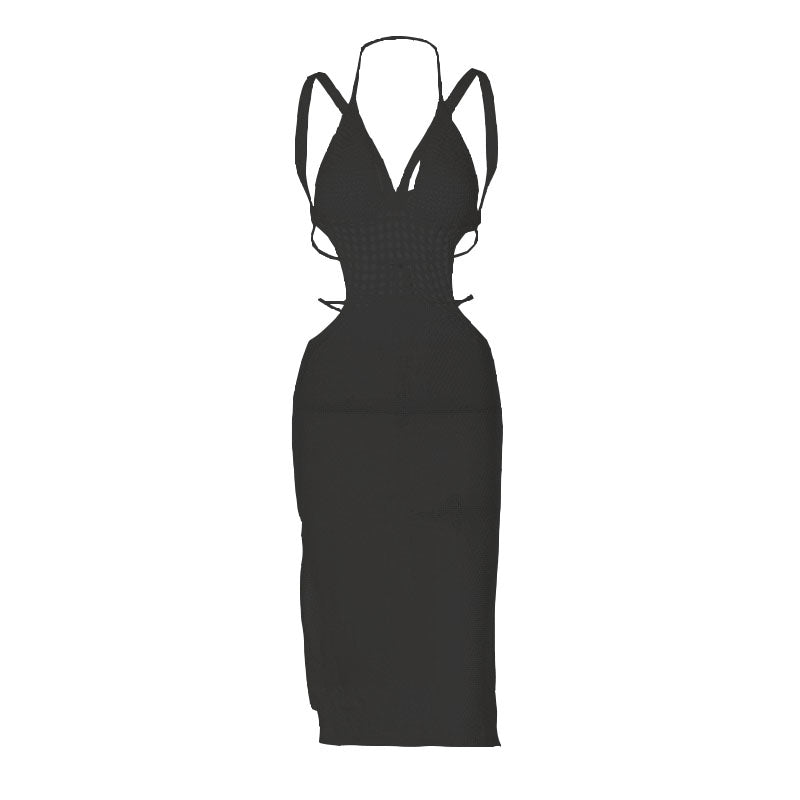 Halter V Neck Side Cutout Backless Self Tie Midi Dress