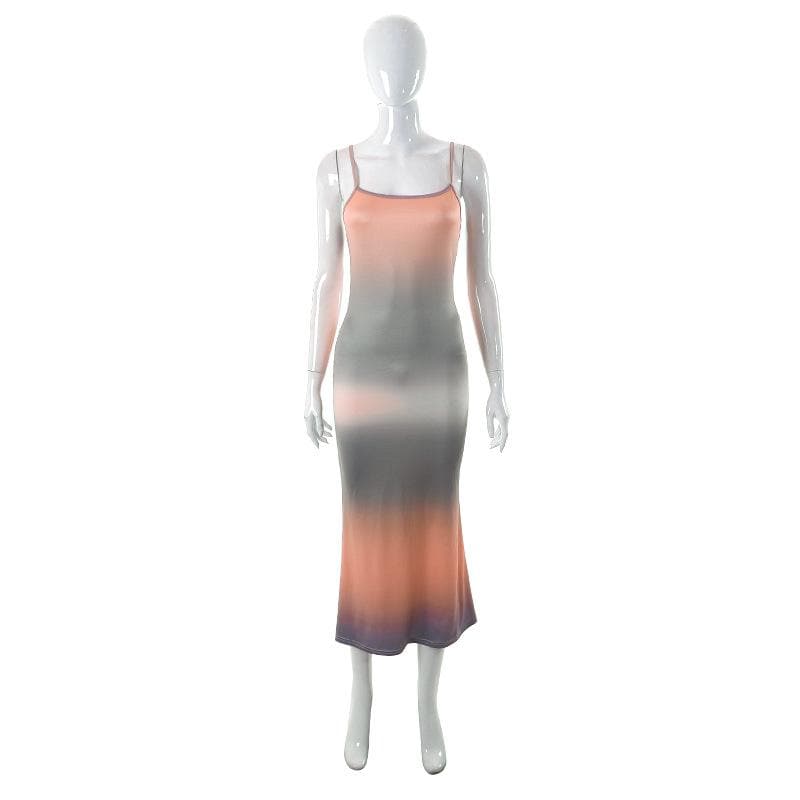 Spaghetti Strap Horizontal Gradient Ombré Bodycon Maxi Dress