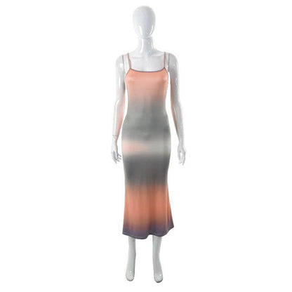 Spaghetti Strap Horizontal Gradient Ombré Bodycon Maxi Dress