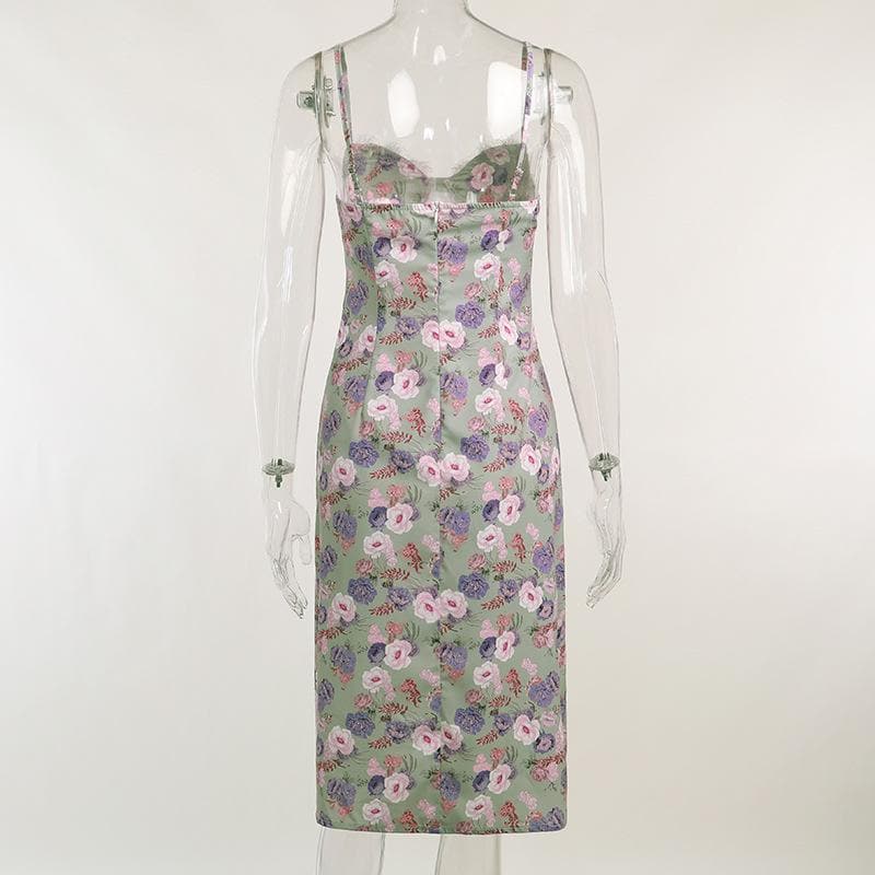 Sweetheart Lace Trim Spaghetti Strap Floral Side Slit Midi Dress