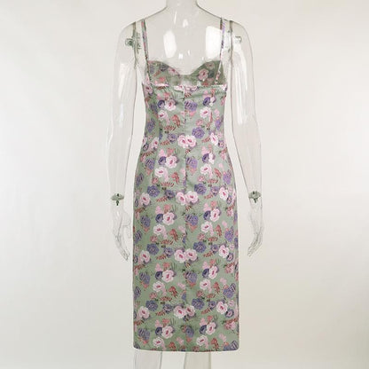 Sweetheart Lace Trim Spaghetti Strap Floral Side Slit Midi Dress