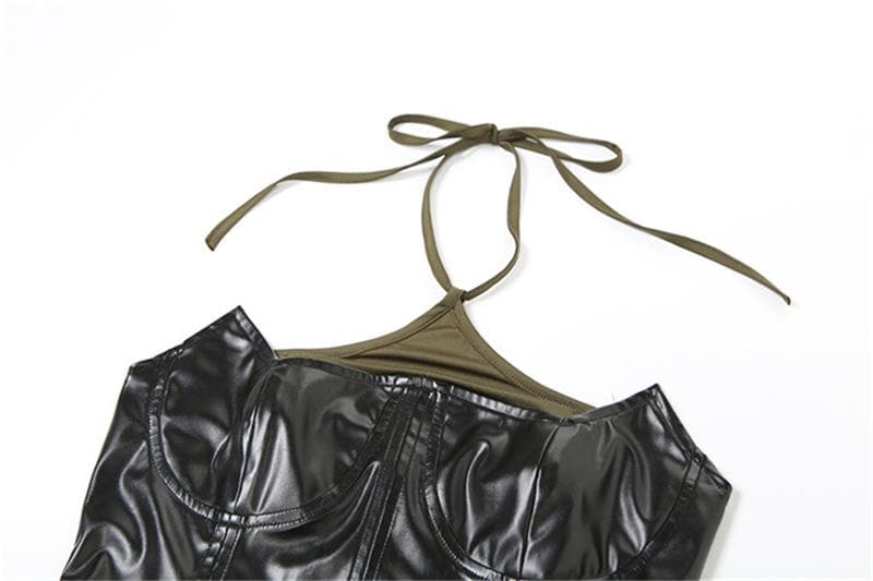 PU Leather Bustier Halter Layered Contrast Panel Dual Slit Mini Dress