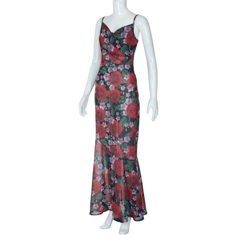 Floral Print Sweetheart Spaghetti Strap Mesh Mermaid Maxi Dress