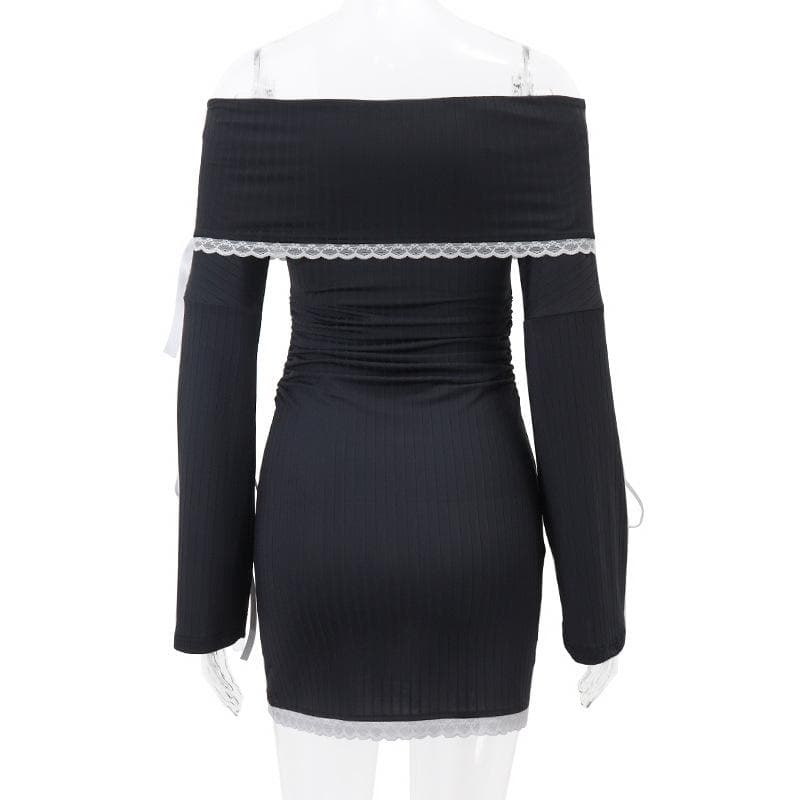 Off Shoulder Lace Trim Ribbon Bow Long Sleeve Ribbed Mini Dress