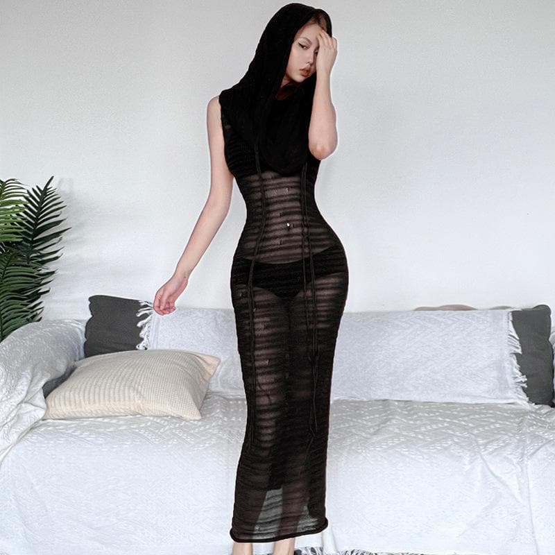 Hooded Sheer Mesh Ribbed Knit Scarf Neck Sleeveless Maxi Dress