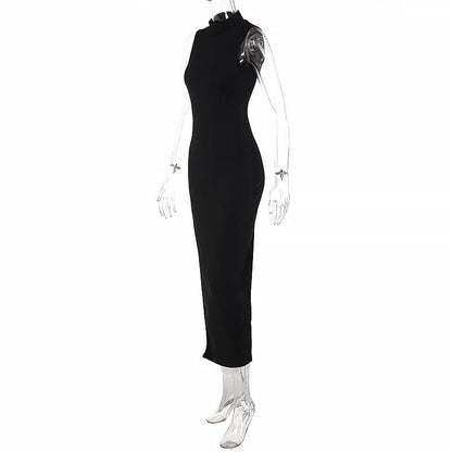High Neck Sleeveless Side Slit Bodycon Maxi Dress