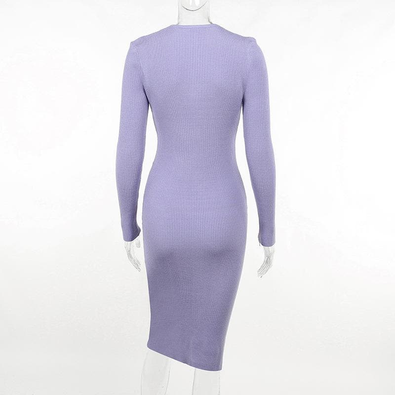 Round Neck Long Sleeve Ribbed Lace Up Chest Cutout Midi Dress
