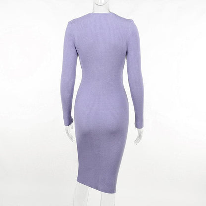 Round Neck Long Sleeve Ribbed Lace Up Chest Cutout Midi Dress