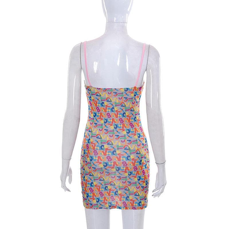 Abstract Print Square Neck Spaghetti Strap Bodycon Mini Dress