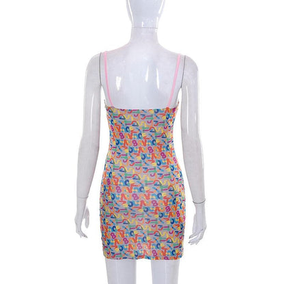 Abstract Print Square Neck Spaghetti Strap Bodycon Mini Dress