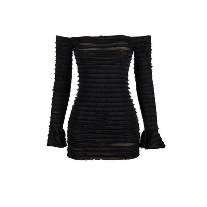 Off-Shoulder Tiered Ruffle Mesh Long Sleeve Bodycon Mini Dress