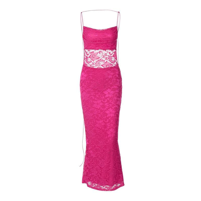 Floral Lace Spaghetti Strap Sheer Midriff Bodycon Maxi Dress