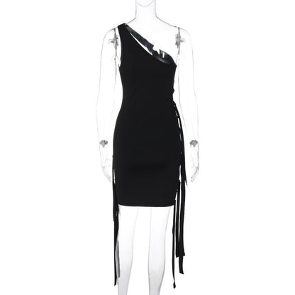 One Shoulder Bandage Lace Up Ribbon Strap Tassel Hem Mini Dress