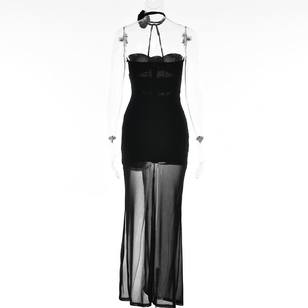 Flower Applique Cutout Ruched High Slit Midi Dress Set