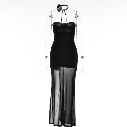 Flower Applique Cutout Ruched High Slit Midi Dress Set