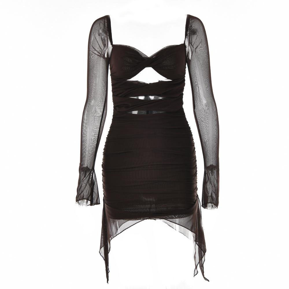 Hollow Out Mesh Bell Sleeve Sweetheart Cutout Ruched Zip Back Mini Dress