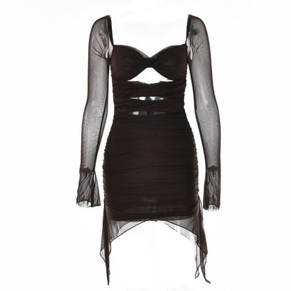 Hollow Out Mesh Bell Sleeve Sweetheart Cutout Ruched Zip Back Mini Dress