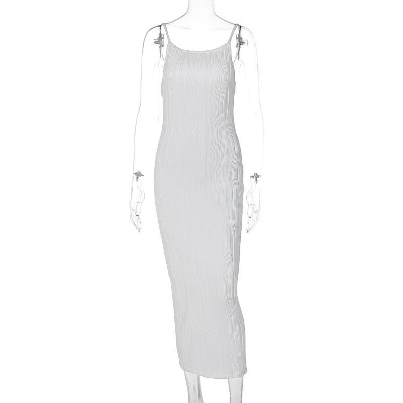 Square Neck Spaghetti Strap Wave Texture Bodycon Midi Dress