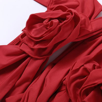 Rosette Applique Spaghetti Strap Cutout Wrap Front Ruched Mini Dress Set