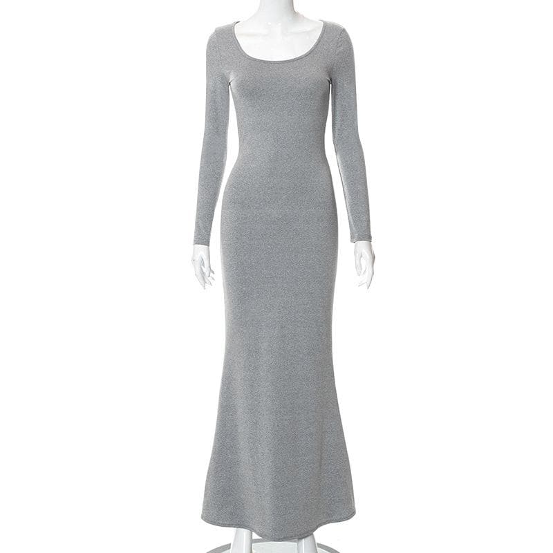 Scoop Neck Long Sleeve Mermaid Hem Knit Bodycon Maxi Dress