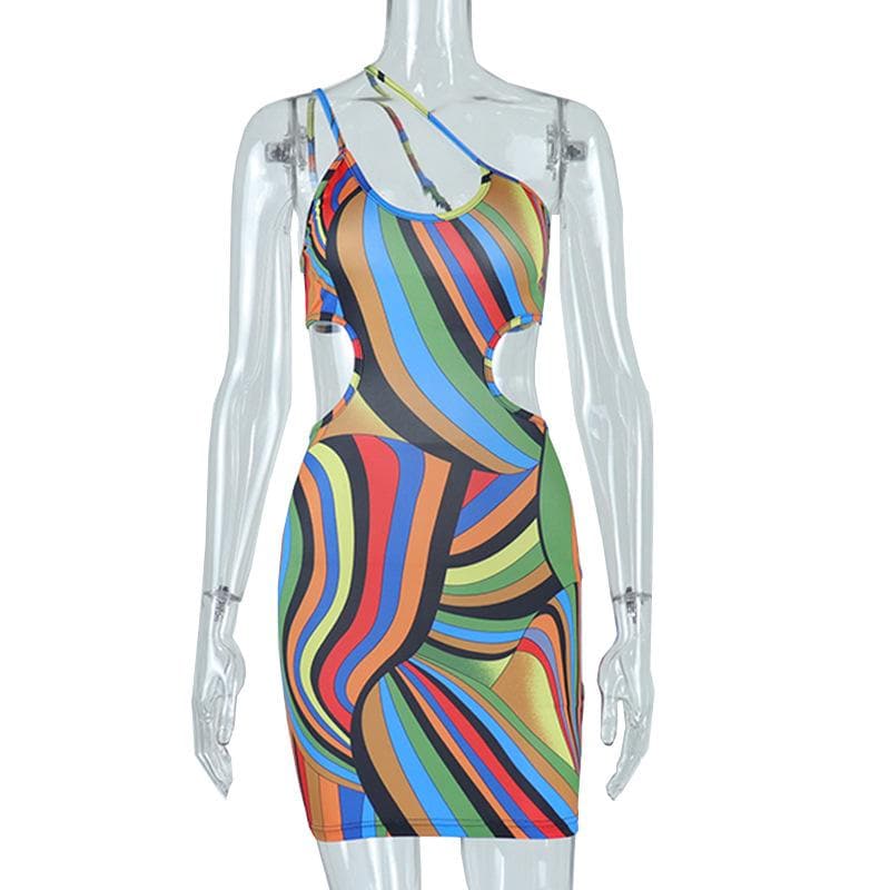 Asymmetrical Strap Oval Waist Cutout Abstract Swirl Print Bodycon Mini Dress