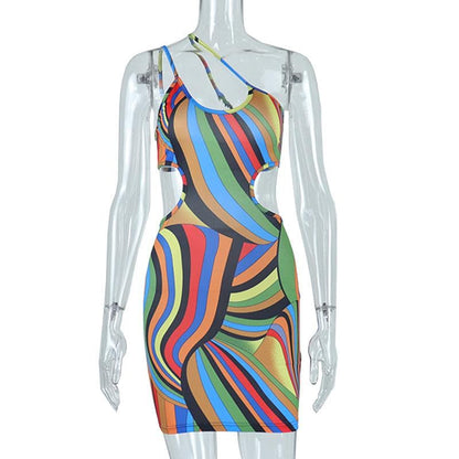 Asymmetrical Strap Oval Waist Cutout Abstract Swirl Print Bodycon Mini Dress