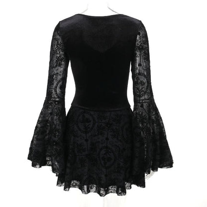 Velvet Lace-Up Corset Bodice Bell Sleeve Flocked Mesh Patchwork Mini Dress