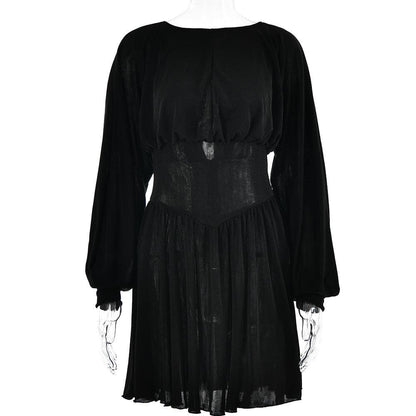 Button Ruched Corset Long Sleeve Mini Dress