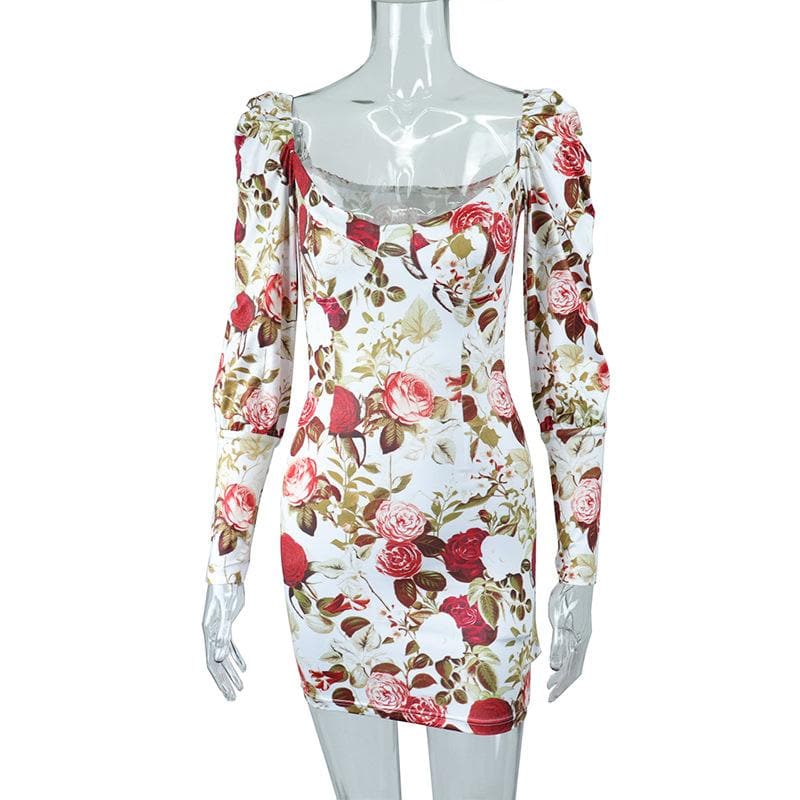 Floral Print Puff Shoulder Long Sleeve Sweetheart Mini Dress