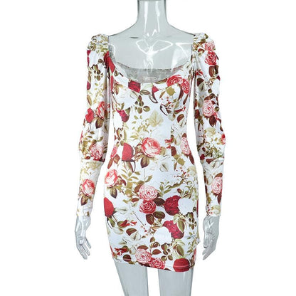 Floral Print Puff Shoulder Long Sleeve Sweetheart Mini Dress