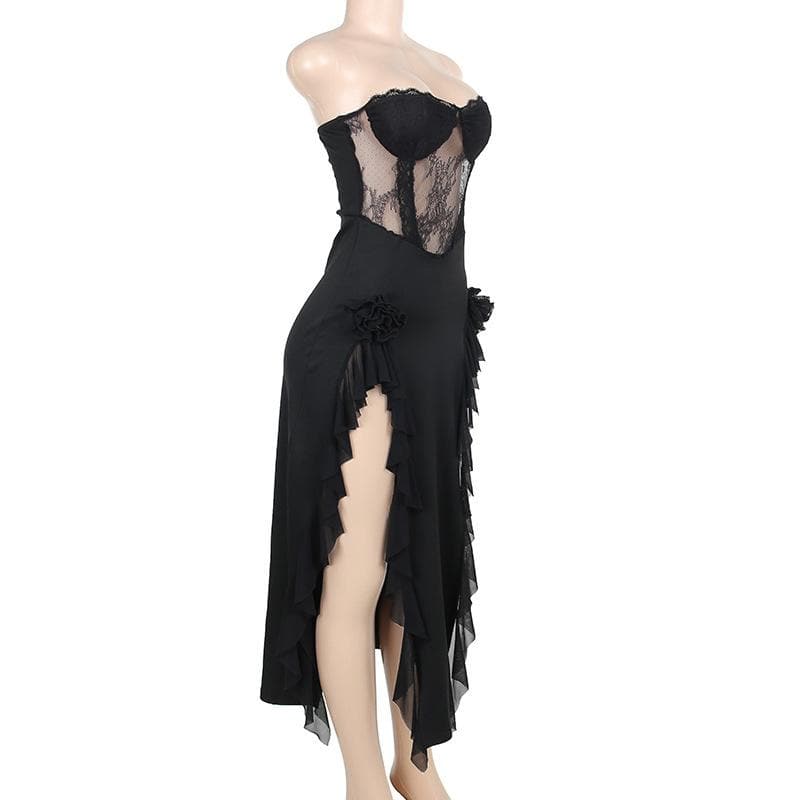 Strapless Corset Lace Floral Hip Ruffle Cascade Maxi Dress
