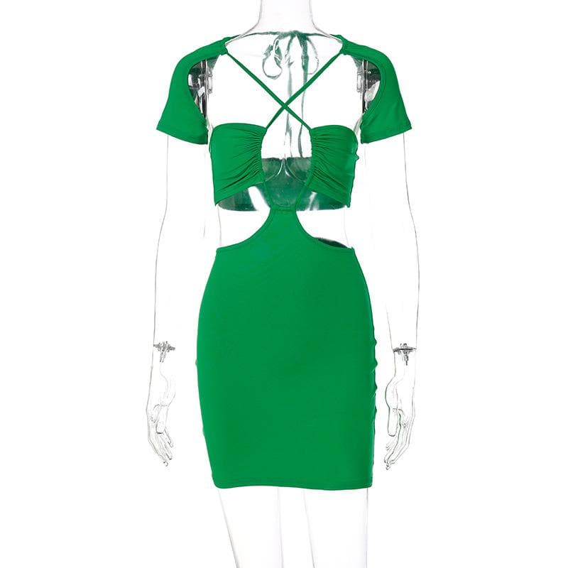 Ruched Bust Crisscross Halter Cutout Waist Flared Sleeve Bodycon Mini Dress