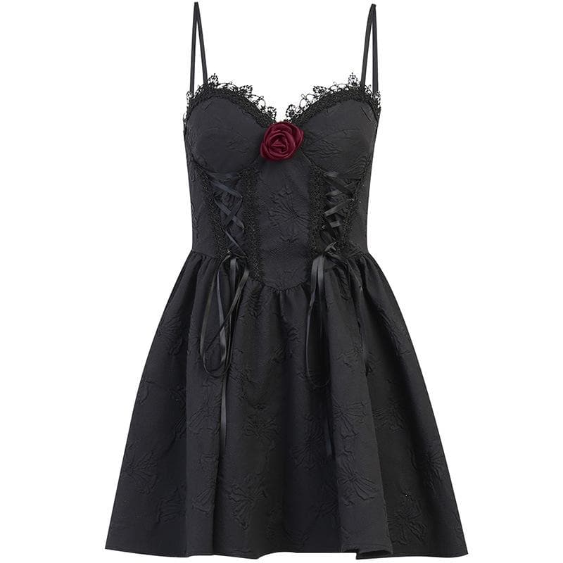 Sweetheart Lace Up Ribbon Bow Floral Applique Textured Mini Dress