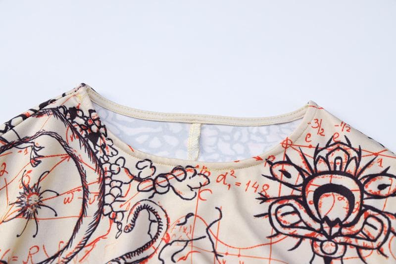 Crew Neck Bell Cuff Mystical Tapestry Print Bodycon Mini Dress