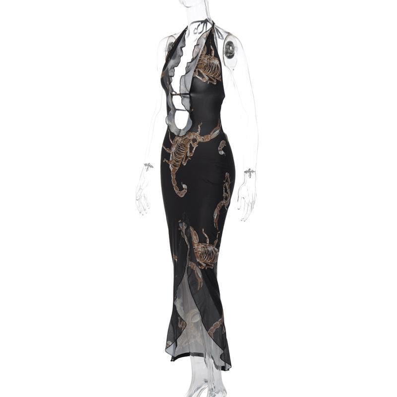 Scorpion Print Plunge Halter Ruffle Trim High Slit Maxi Dress