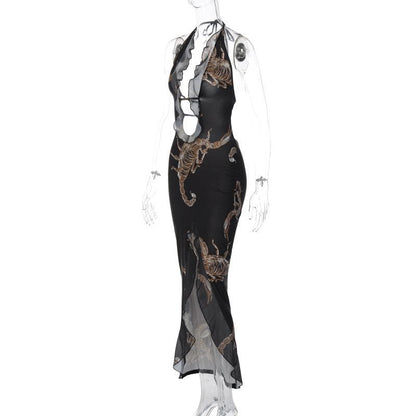 Scorpion Print Plunge Halter Ruffle Trim High Slit Maxi Dress