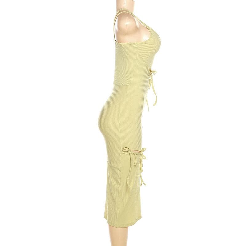 Ribbed One Shoulder Cutout Self Tie Bow Detail Midi Dress