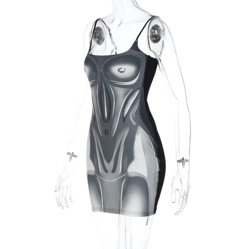 Square Neck Contour Print Spaghetti Strap Mini Dress