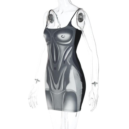 Square Neck Contour Print Spaghetti Strap Mini Dress