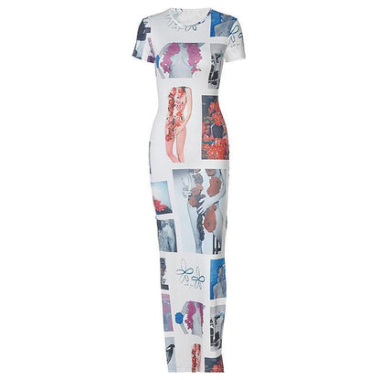 Money Print Crew Neck Short Sleeve Side Slit Bodycon Maxi Dress