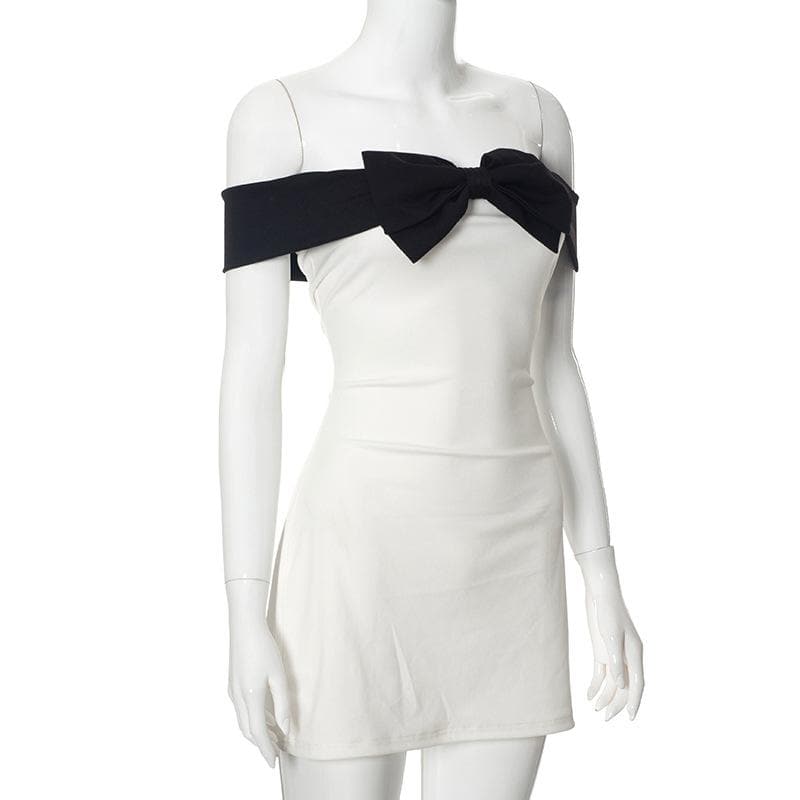 Off Shoulder Oversized Bow Contrast Bodycon Mini Dress